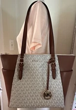 Michael Kors Charlotte MK PVC Signature Vanilla  Top Zip shoulder tote Bag