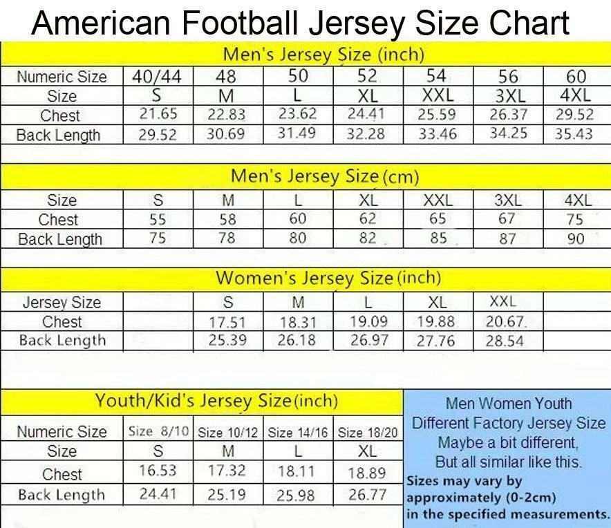 American football best sale jersey size chart