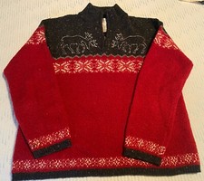 Womens M JONES NEW YORK SPORT Charcoal Gray/Red Reindeer Quarterzip Wool Sweater