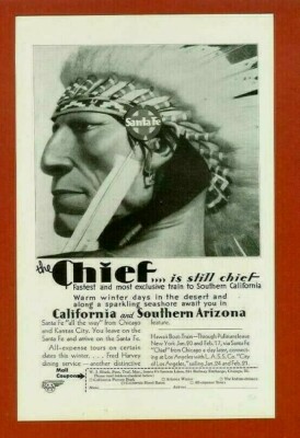 1930 Santa Fe Eisenbahn Anzeige Indianer Chief Featured Calif & So. Ariz
