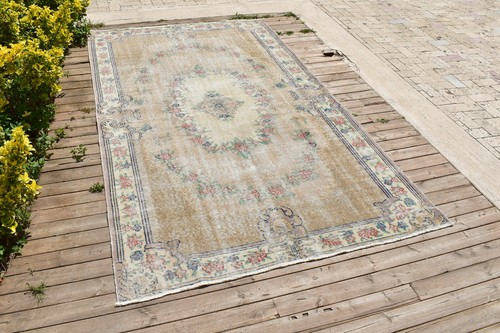 Turkish Rug 60''x102'' Oushak Vintage Light Color 5x8 Floral Carpet 155x260cm 