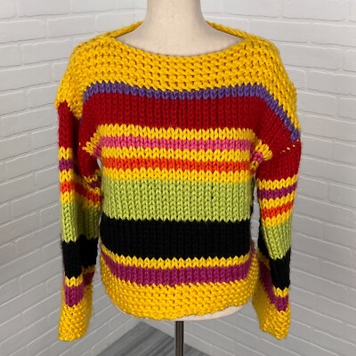 Handknit Vintage Sweater Women Large Yellow Red Stripe Boatneck Retro  Chunky 80s