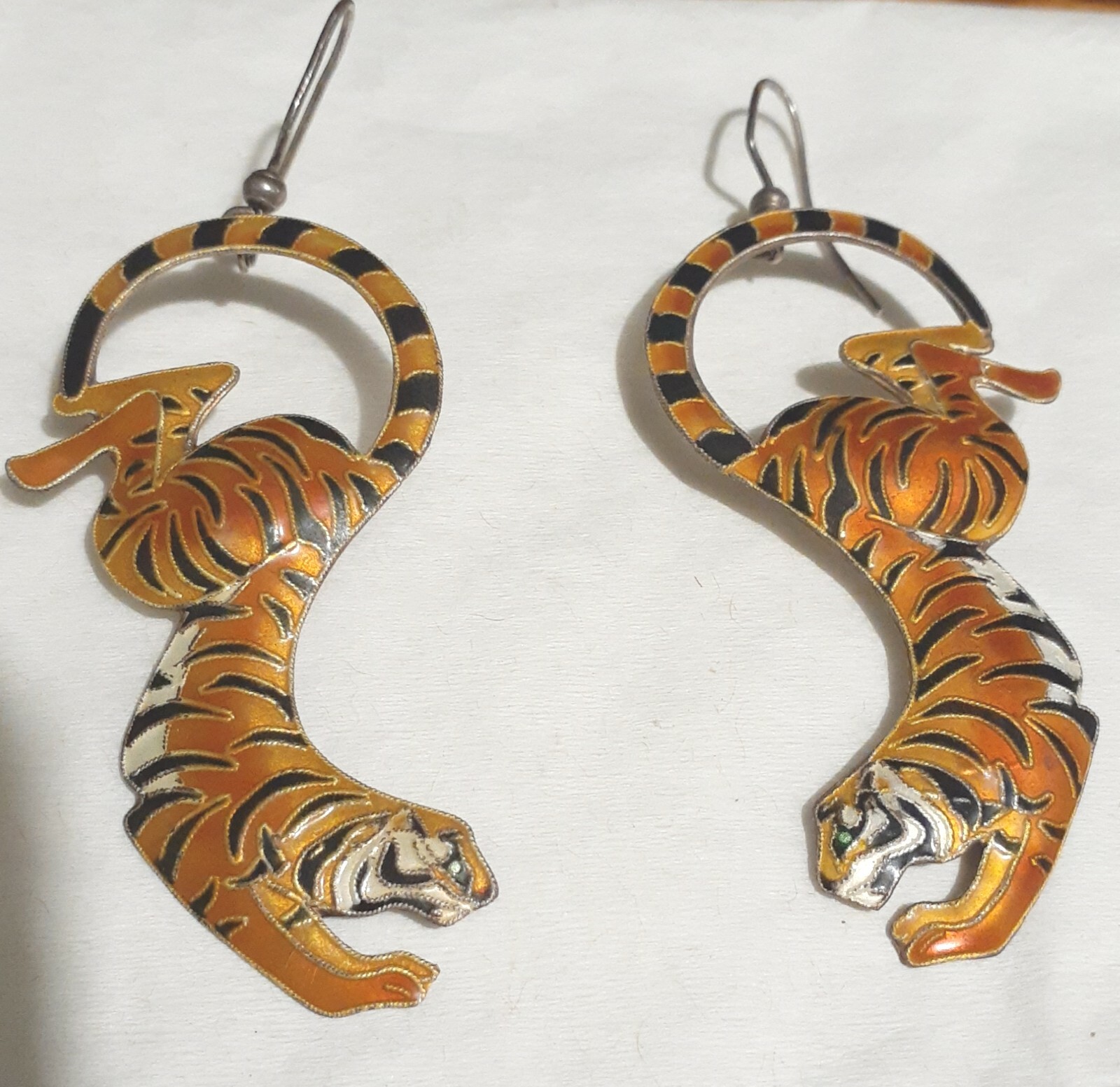 vintage sterling silver enamel Tiger earrings Gem