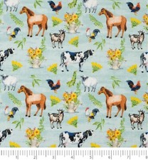 Farm Animals on Blue Novelty Cotton Fabric, Florals  Farm Animals, Half Yard