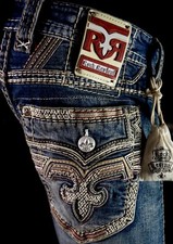  220 Mens Rock Revival Jeans "Tendril " Thick Leather Inserts Straight 40 X 32