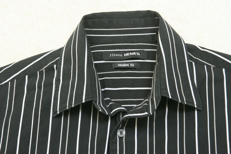 Dress Shirt Medium Cotton John Henry Long Sleeve Mans Striped Black White 1287 - Image 3 of 4
