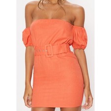 Pretty Little Thing Orange/Coral Bardot Belted Dress. Size 8. Will Fit 6-8.