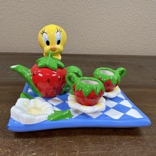 2000 Vintage Tweety Bird Miniature Teapot Set 7 Pieces With Cups Tray Complete