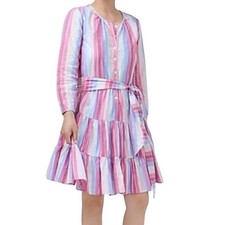 NWT J.Crew Cotton Multicolor Pastel Stripes Tiered Ruffle Shirt Dress Size 14