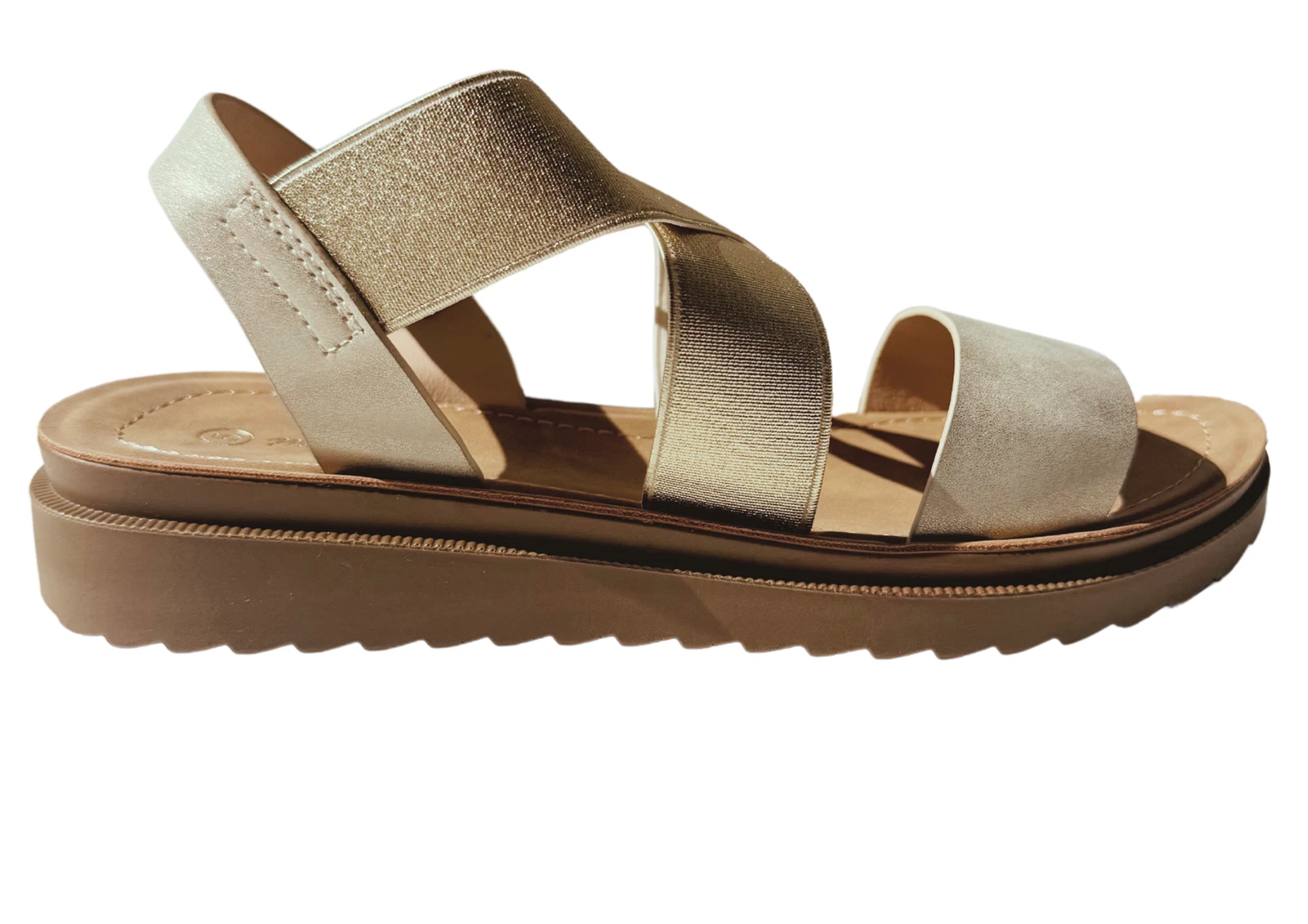 MAYA Wide Fit Elastic Strap Low Wedges Metallic Gold Sandals