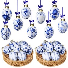 9 Pcs Chinoiserie Porcelain Blue and White Easter Egg Hanging Pendants - Deco...