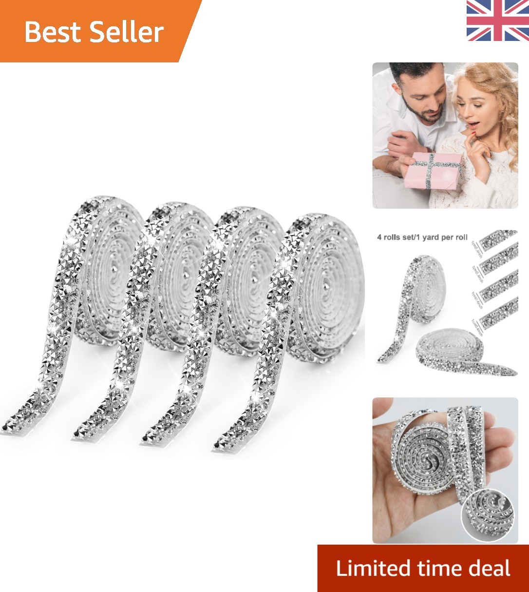 4 Rolls Silver Rhinestone Glitter Self-Adhesive Ribbon for Elegant DIY Crafts