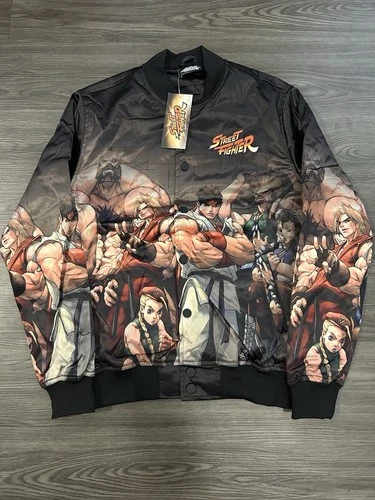NWT Street Fighter Freeze Max Retro Capcom Squad Black Satin Jacket Mens Small - product listing photo