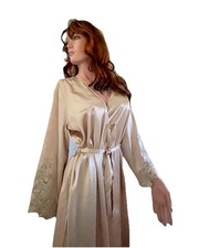 FLORA by Flora NIKROOZ Elegant STELLA Beige Satin Peignoir Style ROBE Size L/XL