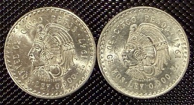 Lot 2 Coins 1947 & 1948 - Mexican Cinco Pesos Cuauhtemoc .900 Silver 30 Gr. Each