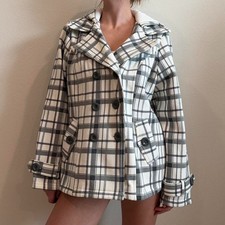 Vintage Y2K Sebby Double Breasted Pea Coat Fleece Hooded Women XL White Plaid