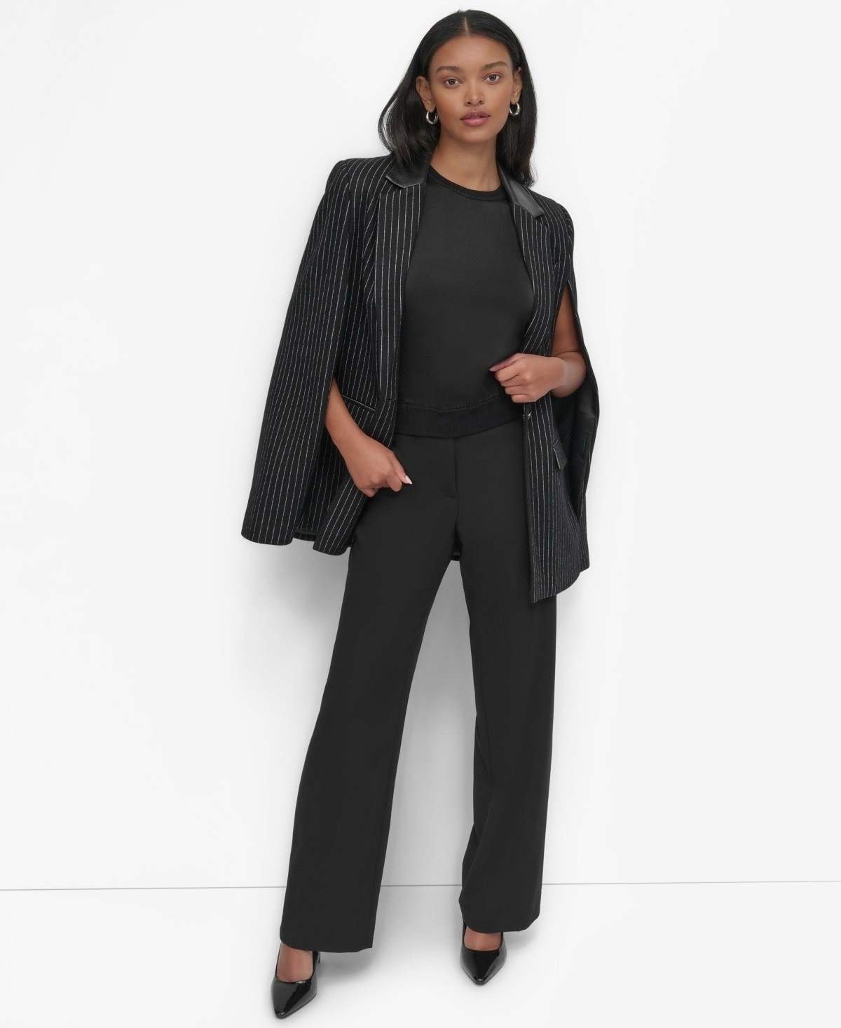 $209 DKNY Women's Black Pinstriped Notched-Collar Cape Jacket Size XL. image 3