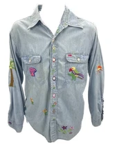 XL Blue Chambray Shirt Shacket Crewel Holly Hobby Mushroom Parrot Vtg JCP