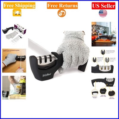 4-in-1 Black Kitchen Knife Sharpener & Cut-Resistant Glove