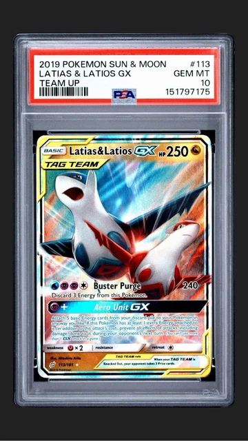 2019 POKEMON SUN & MOON TEAM UP #113 LATIAS & LATIOS GX PSA 10 GEM