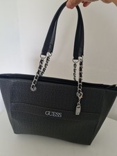 GUESS Black/gray Logo Jacquard Tote Bag, Zip, Chain Shoulder Straps, Silver