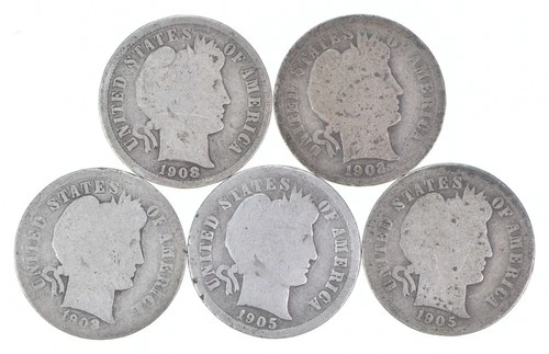 Better Lot 5 1908-D 1902-O 1908-D 1905-S 1905-O Barber Dime 0.50 Face *208