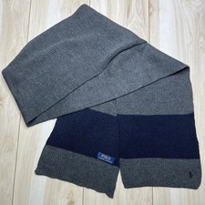 Polo Ralph Lauren Scarf Mens Gray Navy Blue Ribbed Embroidered Pony Logo Stripe