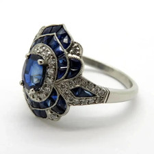 1.0Ct Art Deco Style Old European Cut Sapphire  Lab-Created Diamond Silver Ring