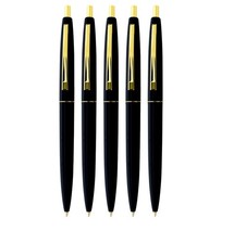 Profilo della classica penna BIC® Clic®. Corpo nero/finiture placcate oro lucido. 5 penne
