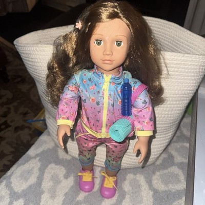 Our Generation Doll 18 in Wavy Hair Floral Outfit Shoes Yoga Mat Water Bottle 