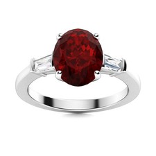 Three Stone 7x5mm Oval Garnet Women Ring 925 Sterling Silver Baguette Side Ring