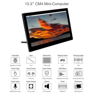 WAVESHARE Mini-Computer Powered by Raspberry Pi CM4 Touch Screen, Raspberry Pi