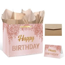 13 Large Birthday Gift Bag for Women Girls- Pink Rose Gold Happy Birthday Gi
