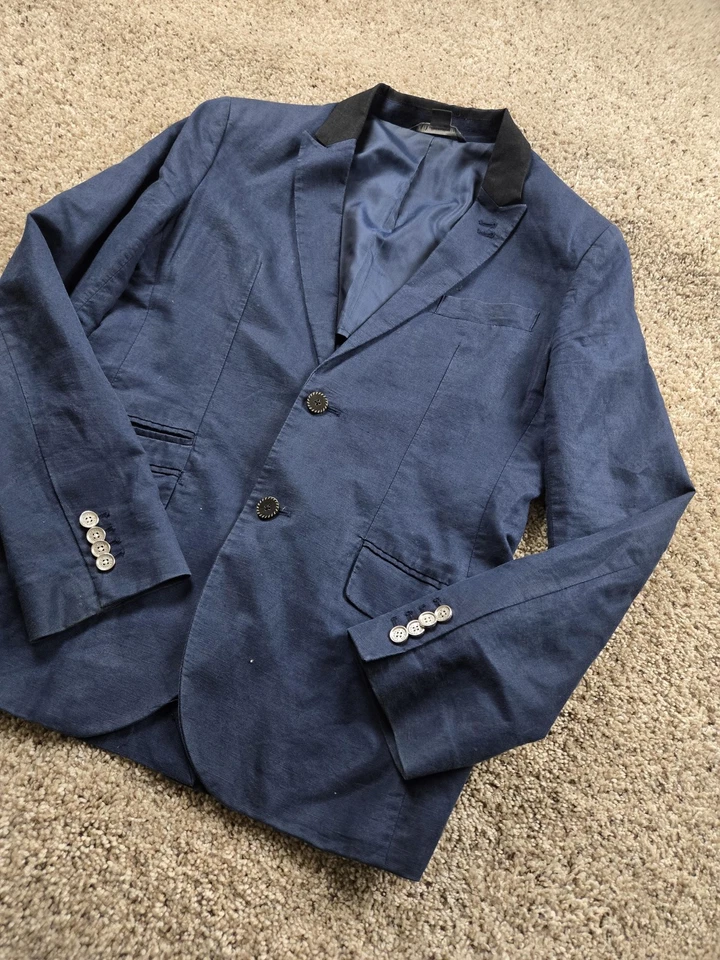 Armani Exchange Blazer Mens 38R Navy Linen Cotton 2 Button Pockets - Image 2 of 4