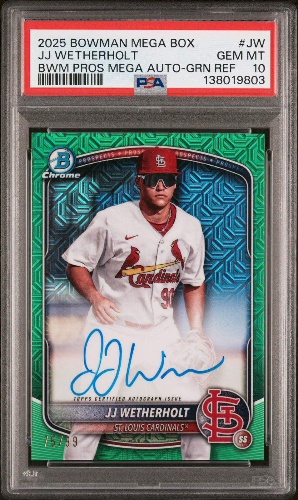 2025 Bowman Chrome Mega Box Auto JJ Wetherholt Green Mojo /99 (AU, RC) PSA 10