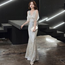 Womens Glitter Evening Dress A-Line Fishtail Luxury Hosting Banquet Party Dress