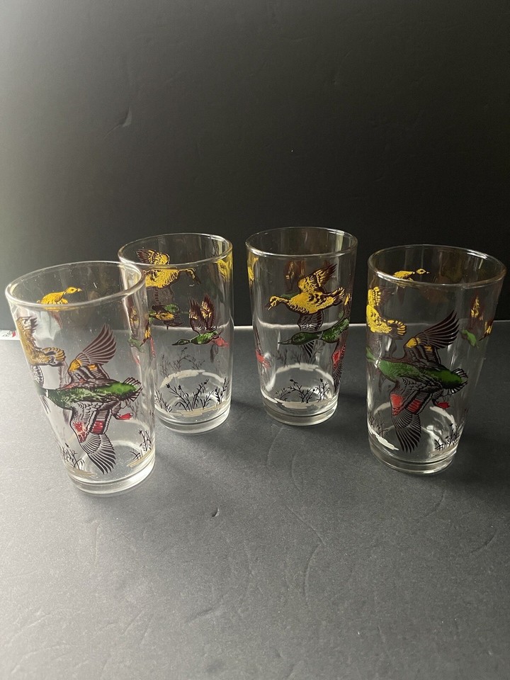 Hazel Atlas Vtg. Duck Hunting Glasses Set (4) 12 oz. Tumbler Water Ice