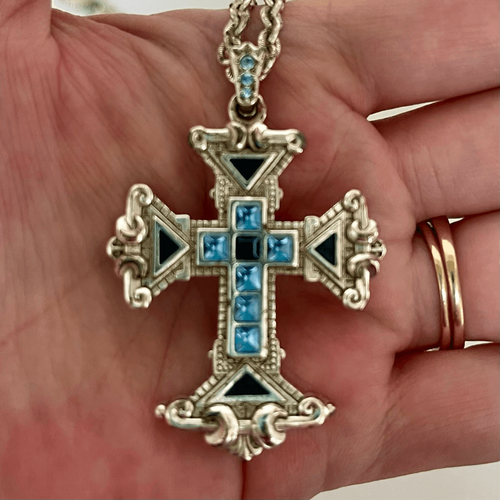 Vintage Vatican Collection Blue Crystal Cross & Stone 24” Silver