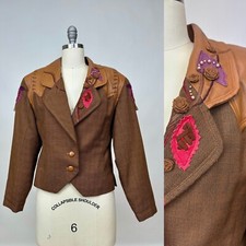 Vintage 1980s Marc D'alcy Brown Plaid Rayon Wool Blend Leather Designer Blazer