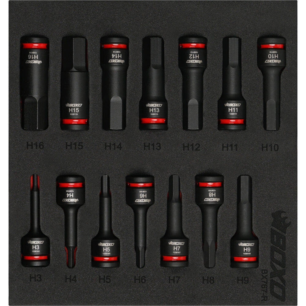 Impact Socket Set BOXO 3/8"" Drive Hex Bit 60mm Ht 14 Piece Colour Coded BX767-R