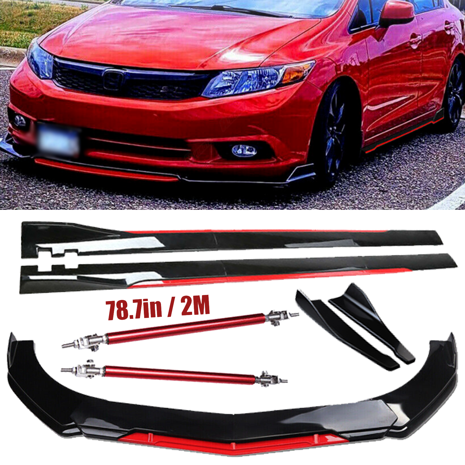 Front Bumper Lip Splitter Spoiler Side Skirts Glossy Black For Honda Civic Seda
