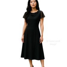 Talbots Womens Black Cap Sleeve Layer Below Knee Cowl Neck Flowing Dress Size 8