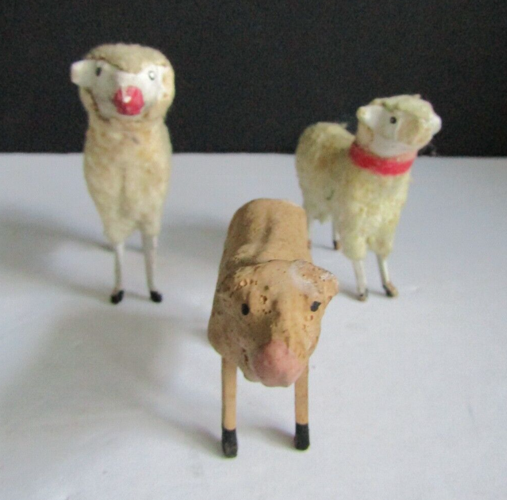 Antique Germany Putz Wooly Sheep Lamb Miniature Set of 3 2
