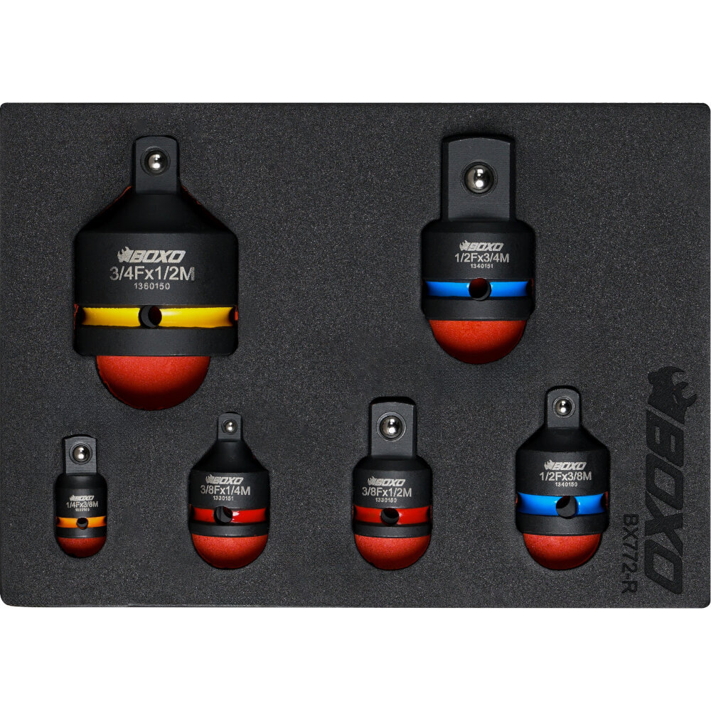 Impact Adapter Set BOXO 1/4"", 3/8"", 1/2"", 3/4"" Drive 6 Pces Colour Coded BX772-R