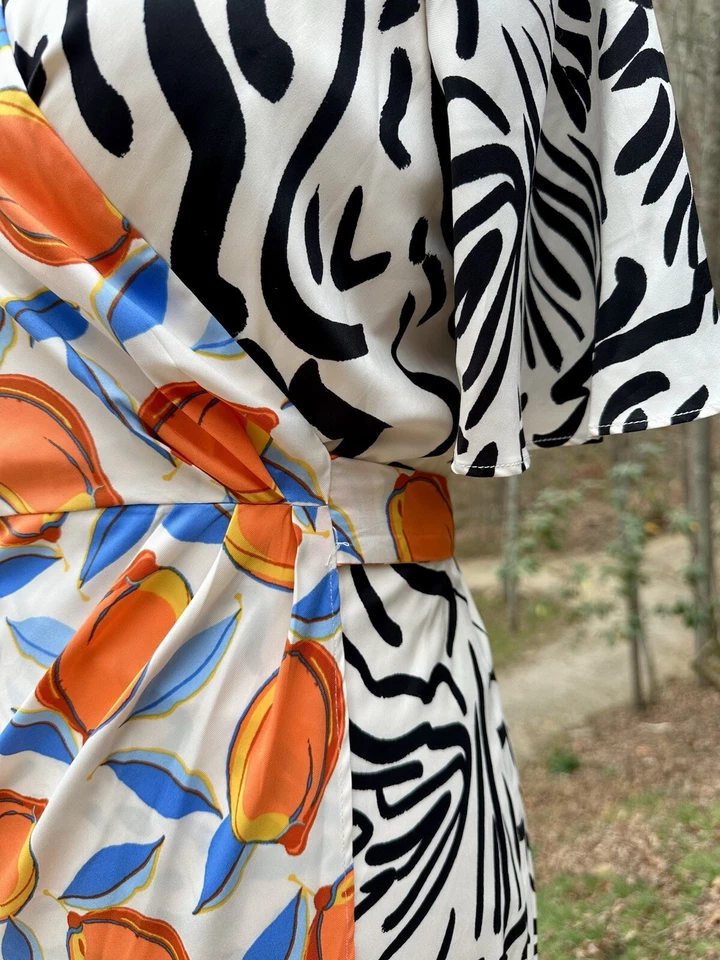 nuevo vestido envolvente donna morgan cebra naranja estampado mujer talla 12 verano vibrante Foto 4 de 4
