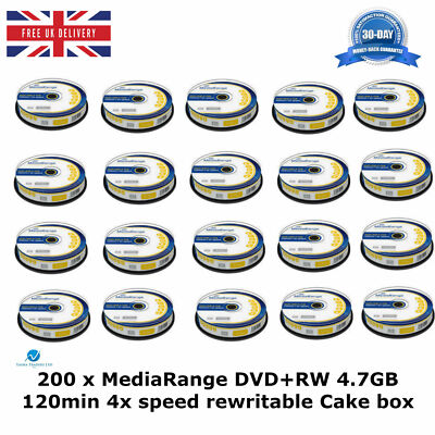 200 x MediaRange DVD+RW 120min 4x Geschwindigkeit Rohlinge 4,7GB wiederbeschreibbare Kuchenbox HQ
