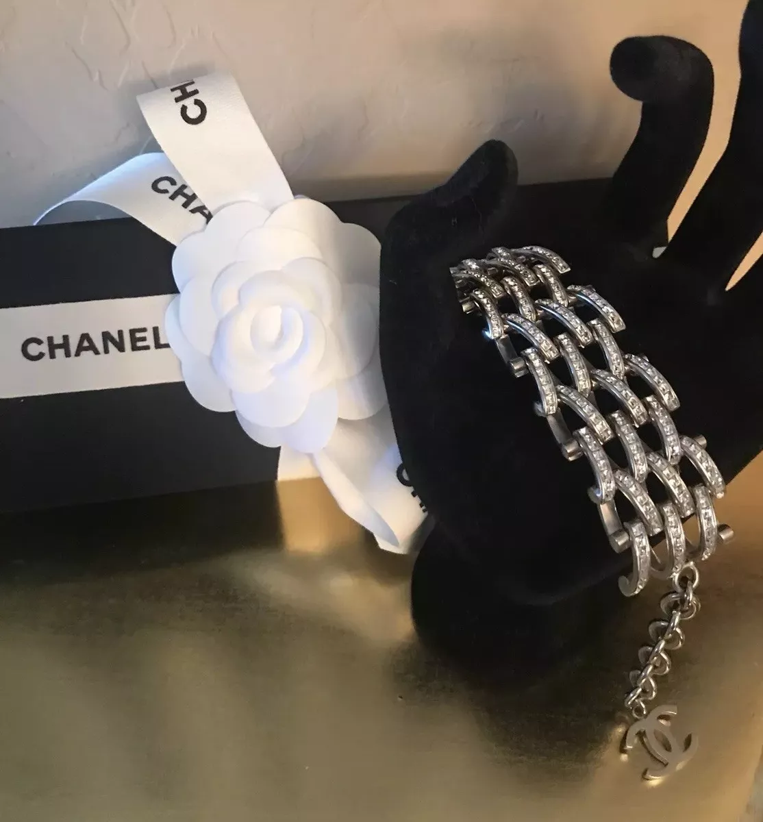 Chanel Style Camellia Flower Charms Silver Chain Link Bag Charm