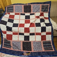 Handmade Patriotic Americana Patchwork Quilt Red White Blue 68x120 Fleece Lined