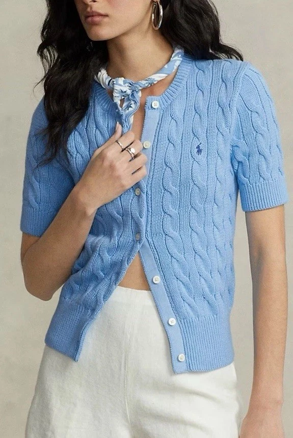 Cárdigan azul de manga corta tejido con cable talla S/Ralph Lauren para mujer Foto 2 de 4