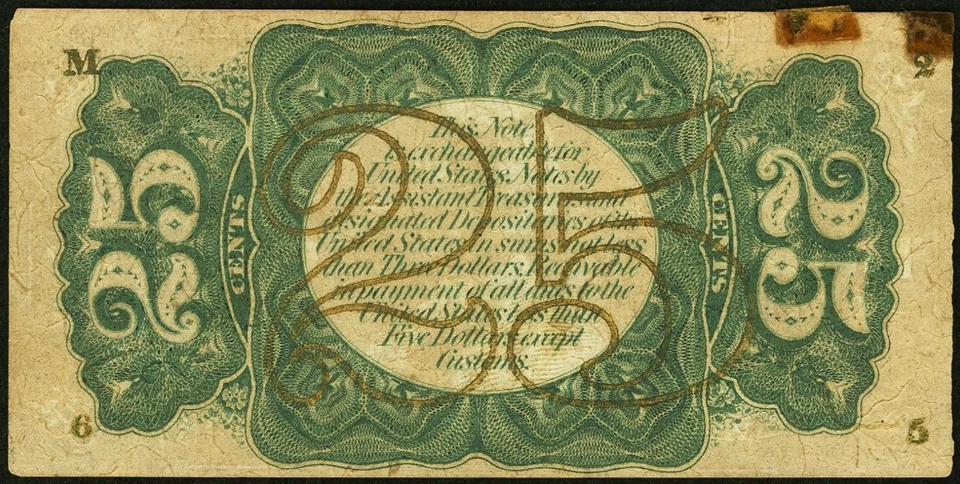 FR 1299 - 25c THIRD ISSUE - FIBER PAPER - SOLID BRONZE - GREEN BACK w/ "M-2-6-5" - Image 2 of 4